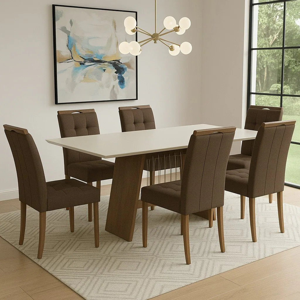 Mesa Damiana BA56 160 Canela/Off White com 6 Cadeiras Sophia Veludo Marrom – KAPPESBERG + WM DECOR