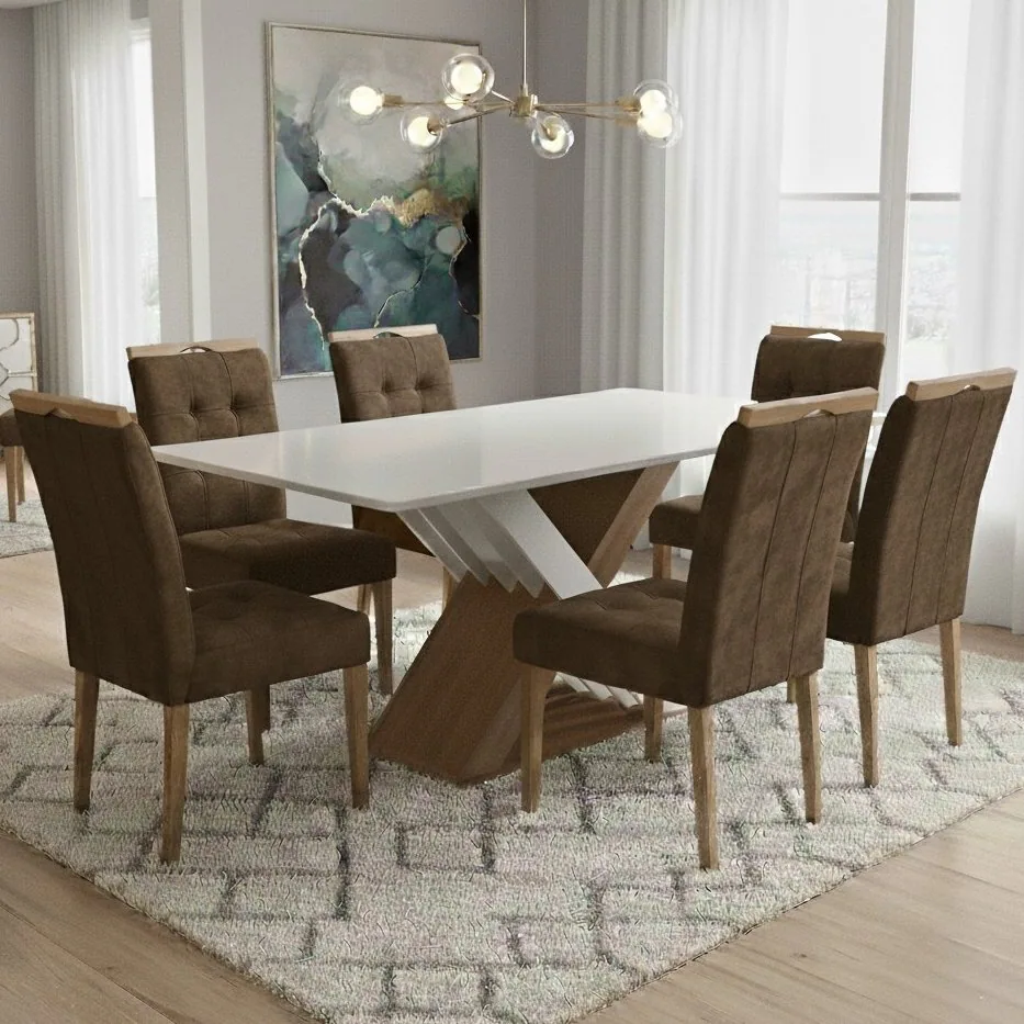Mesa Graviola BA29 160 Canela/Off White com 6 Cadeiras Sophia Veludo Marrom – KAPPESBERG + WM DECOR