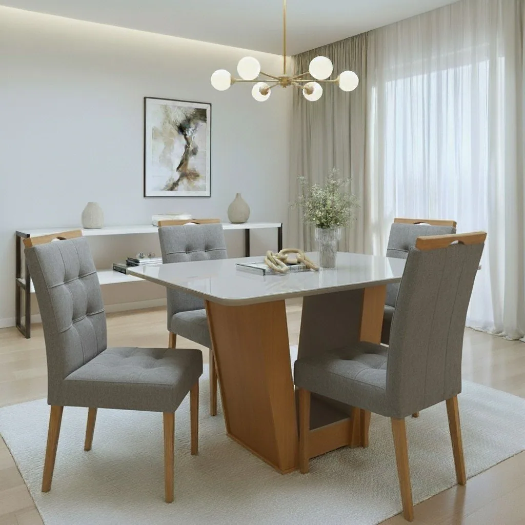 Mesa Apogeu (Tampo Maxi) 120 Amêndoa Clean/Off White com 4 Cadeiras Sophia Veludo Cinza Grafite – LOPAS + WM DECOR