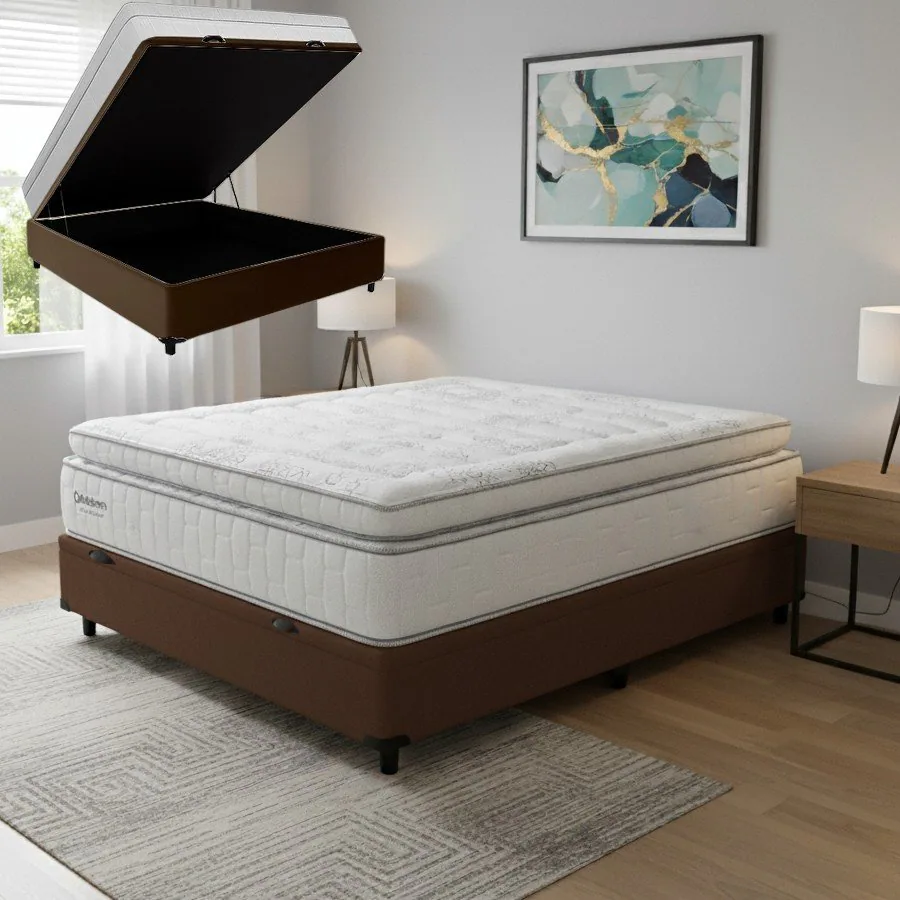 Colchão Casal New Freedom 32 cm D33 Molas Ensacadas + Base Baú Corino Marrom – ORTOBOM + ALTO NÍVEL