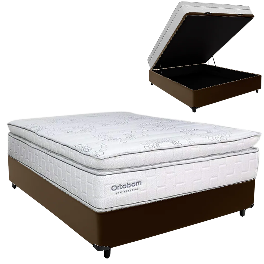 Colchão Casal New Freedom 32 cm D33 Molas Ensacadas + Base Baú Corino Marrom – ORTOBOM + ALTO NÍVEL