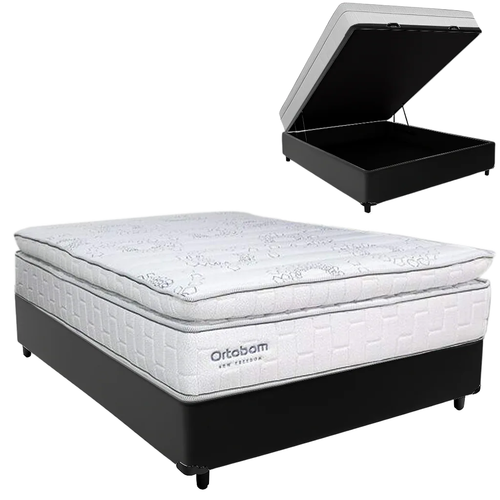 Colchão Casal New Freedom 32 cm D33 Molas Ensacadas + Base Baú Corino Preto – ORTOBOM + ALTO NÍVEL