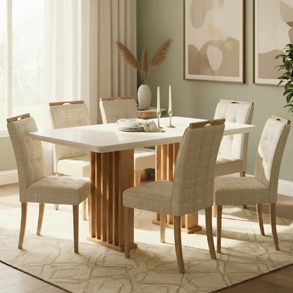 Mesa Mona/Munique 160 Mel/Blonde Off White com 6 Cadeiras Sophia Linho Bege 200 – VIERO + WM DECOR