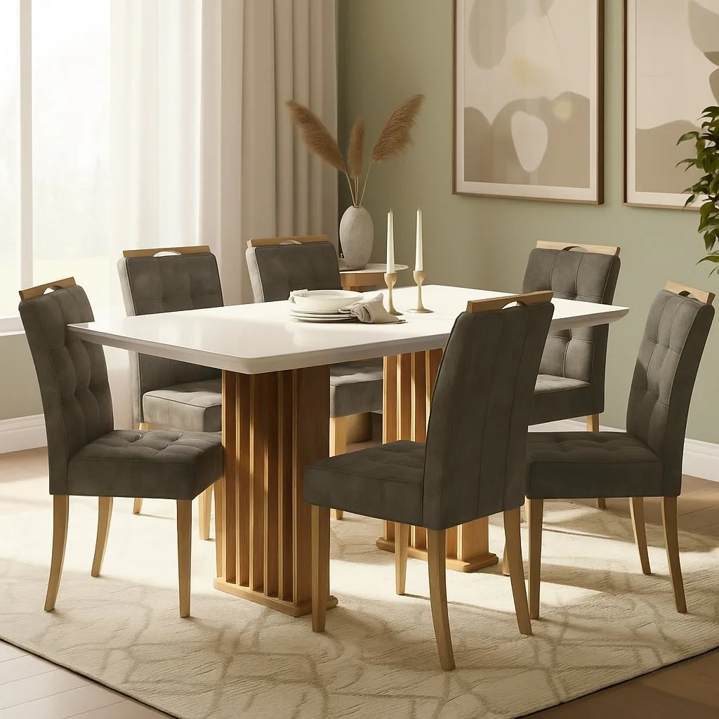 Mesa Mona/Munique 160 Mel/Blonde Off White com 6 Cadeiras Sophia Veludo Cinza Grafite – VIERO + WM DECOR