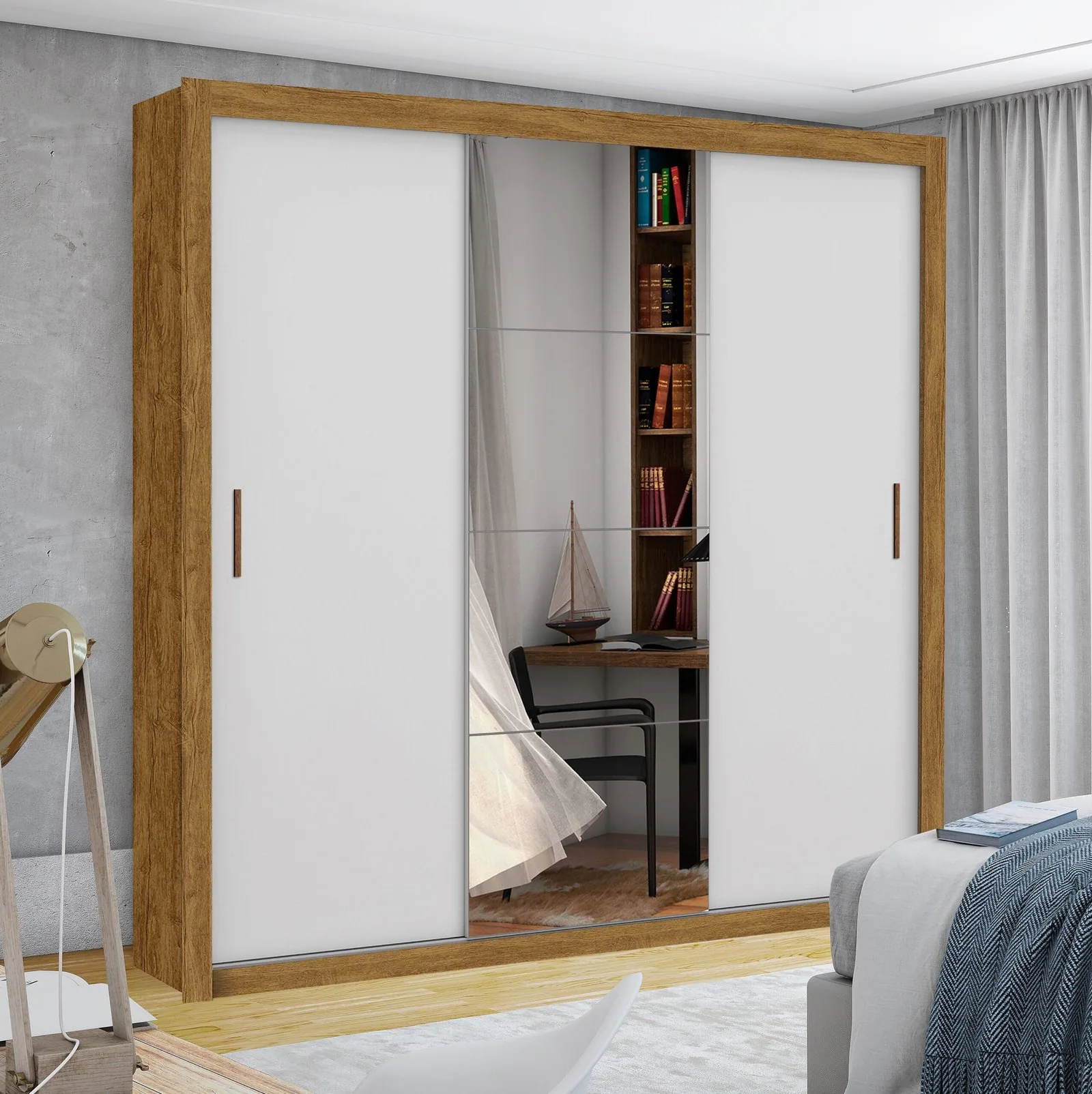 Guarda-Roupa 3 Portas Veneza/Clara/Berlim Plus (1 porta espelhada) 1,855 m Cinamomo/Branco – CARIOCA MÓVEIS