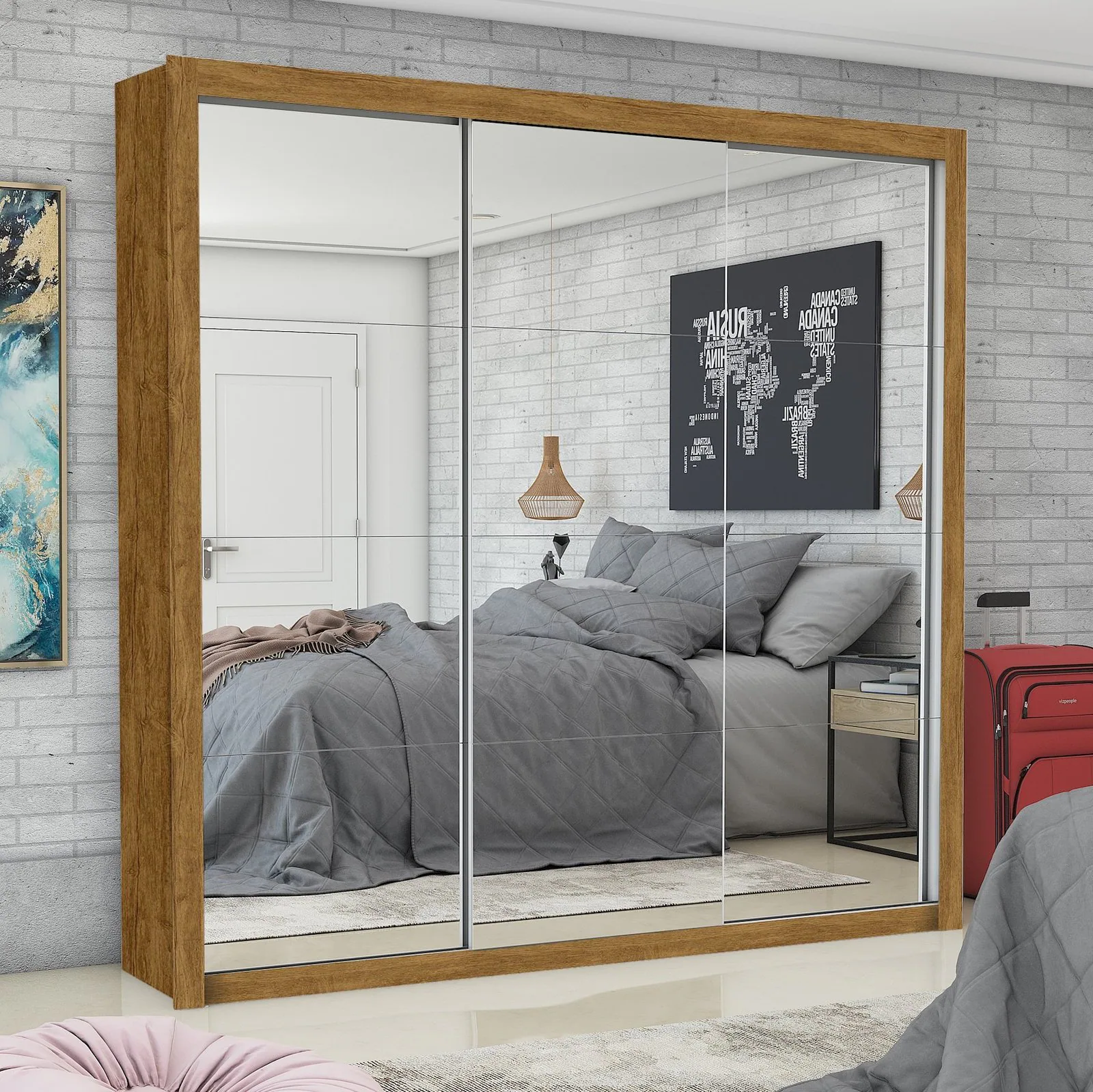 Guarda-Roupa 3 Portas Veneza/Clara/Berlim Premium (3 portas espelhadas) 1,855 m Cinamomo/Branco – CARIOCA MÓVEIS