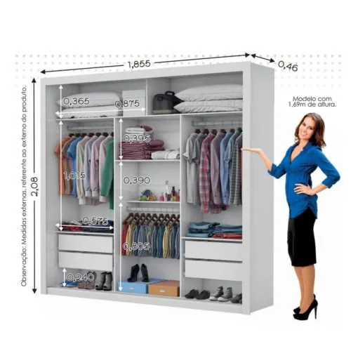Guarda-Roupa 3 Portas Veneza/Clara/Berlim Premium (3 portas espelhadas) 1,855 m Cinamomo/Branco – CARIOCA MÓVEIS