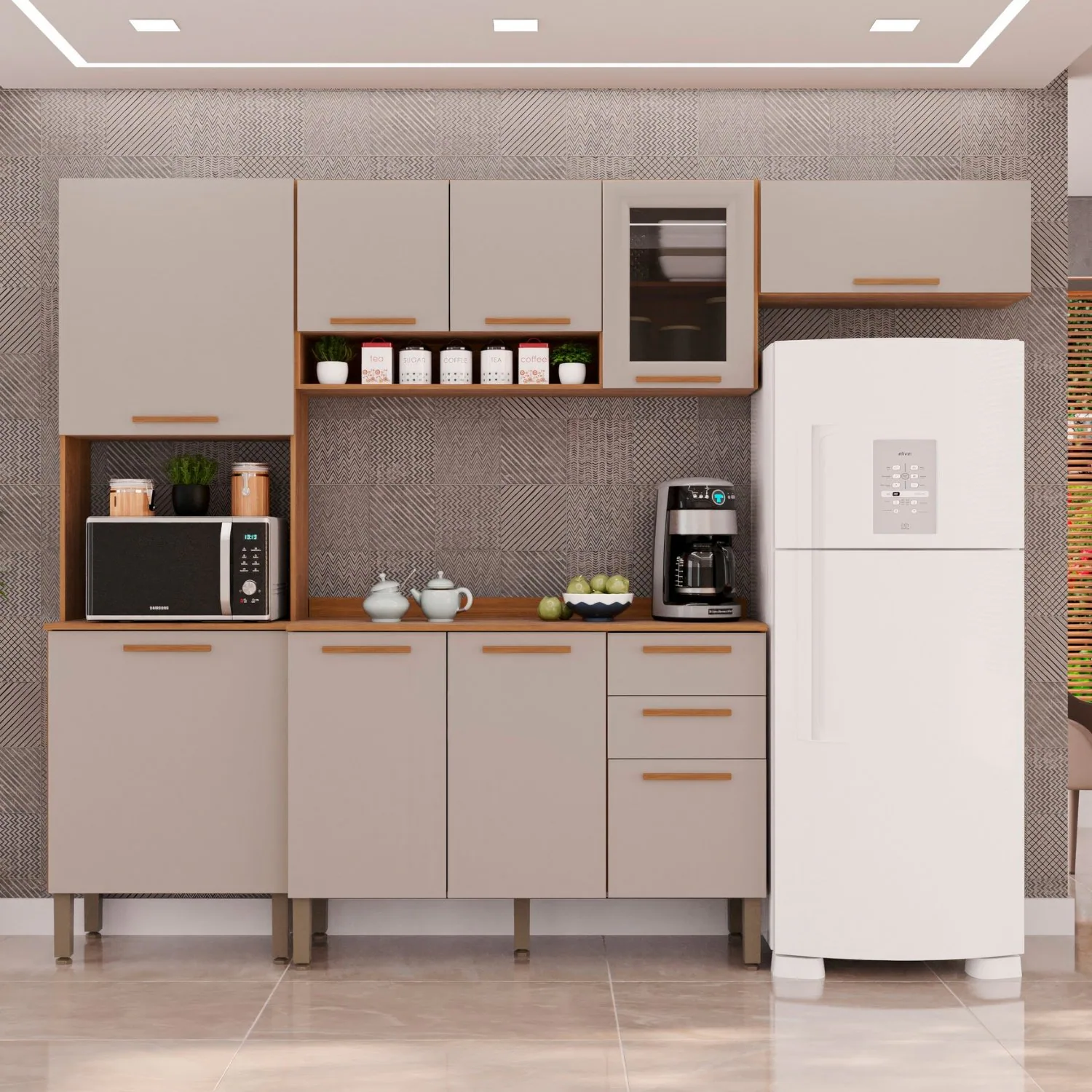 Cozinha Completa New Valência (Vidro fumê) Cinamomo/Off White – SALLÊTO