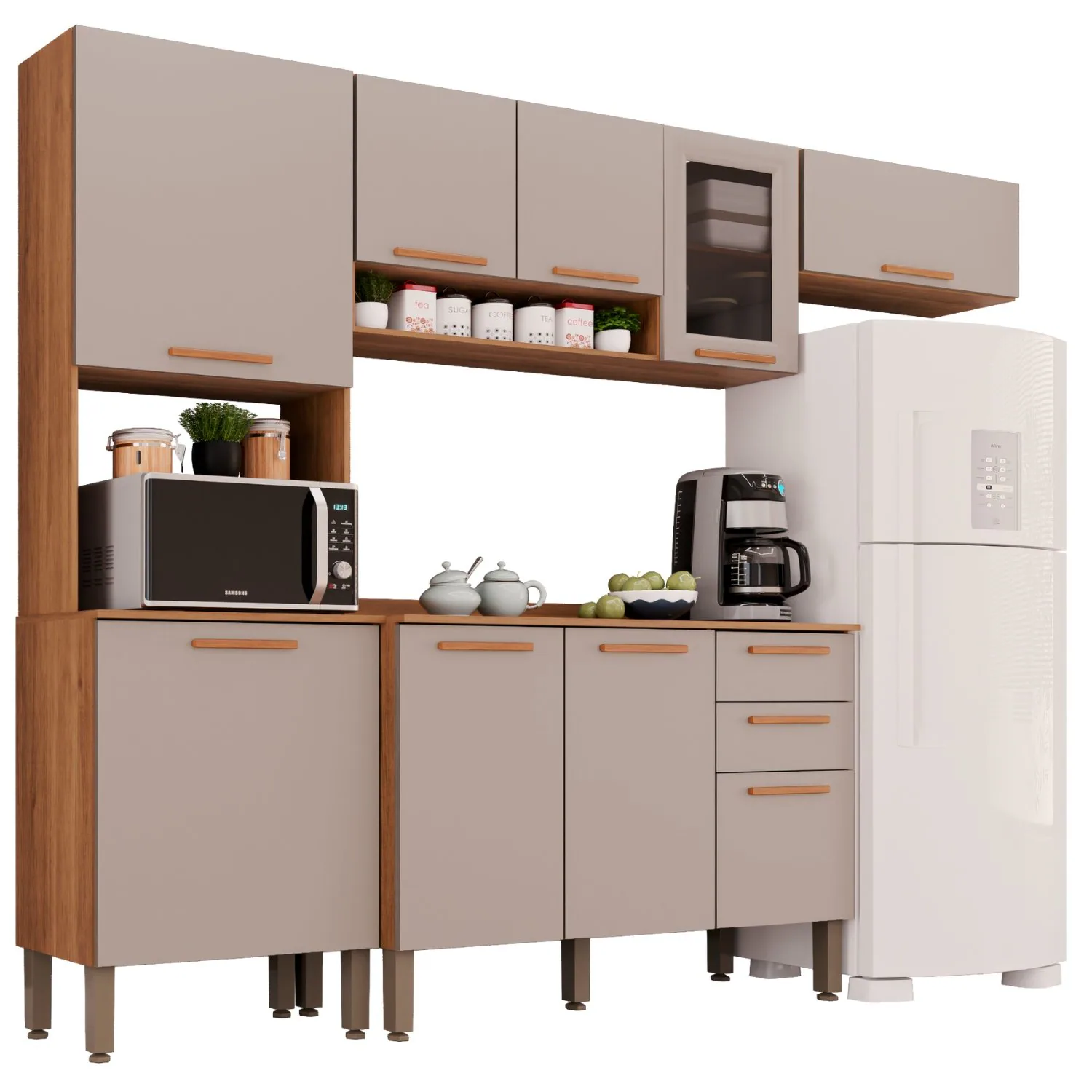 Cozinha Completa New Valência (Vidro fumê) Cinamomo/Off White – SALLÊTO