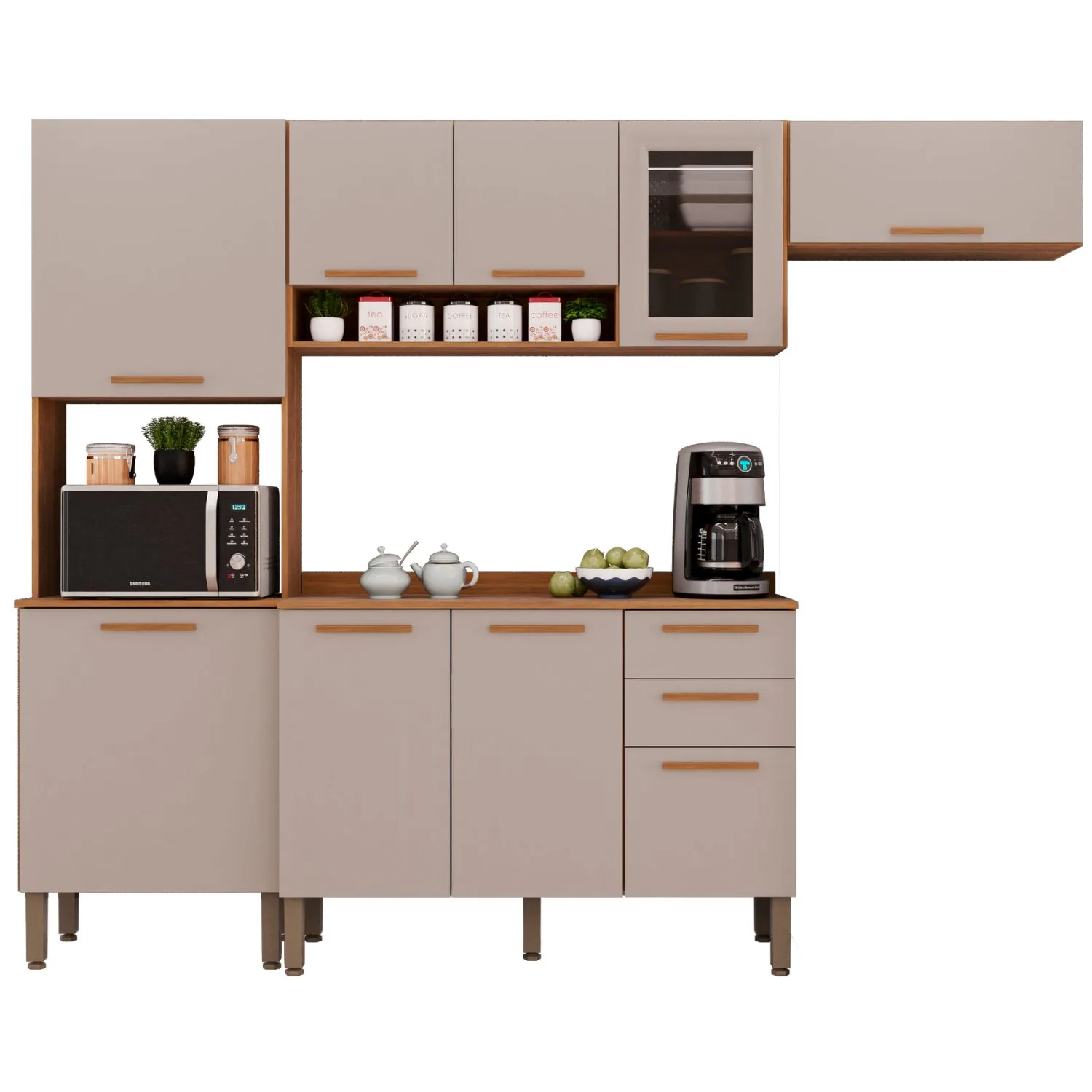 Cozinha Completa New Valência (Vidro fumê) Cinamomo/Off White – SALLÊTO