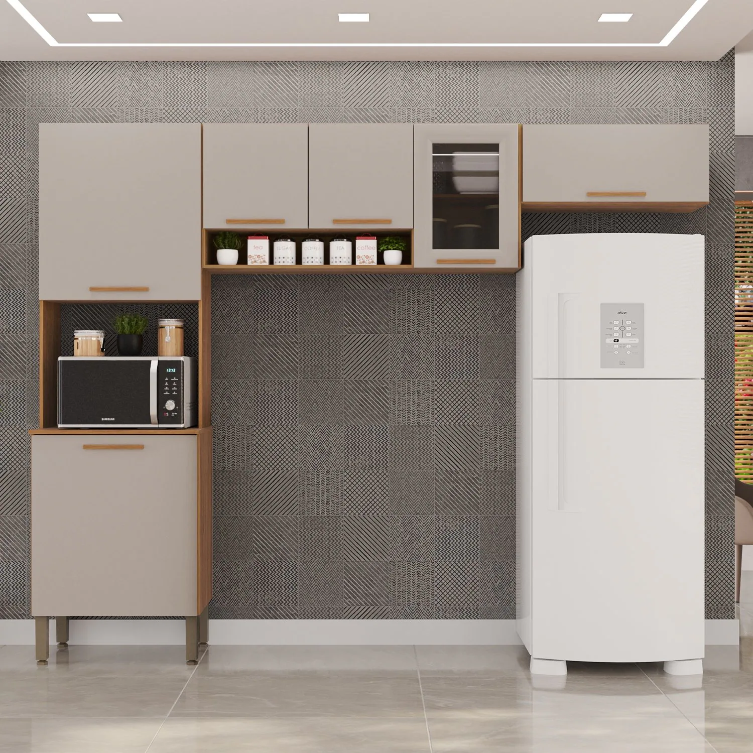 Cozinha 3 Peças (S/Balcão) New Valência (Vidro Fumê) Cinamomo/Off White – SALLÊTO