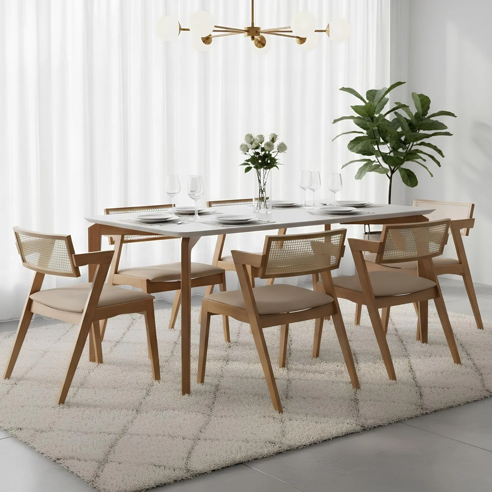 Mesa Roma 160 Canela/Off White com 6 Cadeiras Zeus Canela/Linho Bege – SALA VIP MOVELARIA