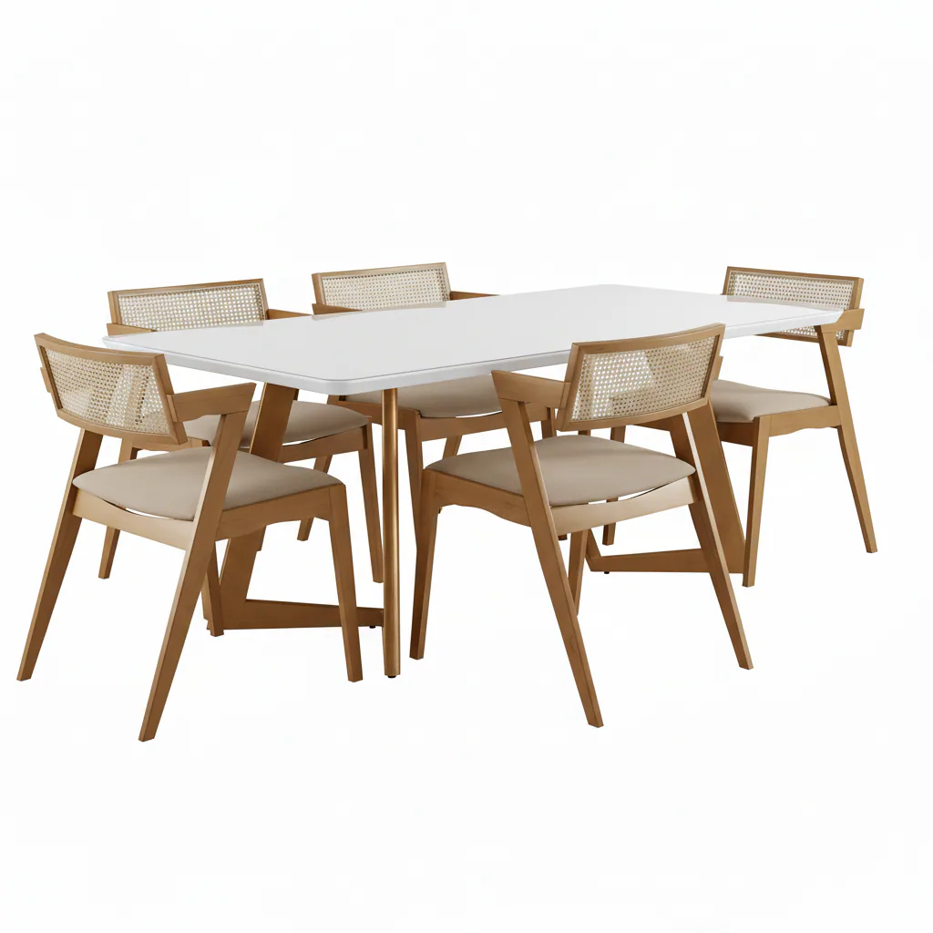 Mesa Miami 160 Canela/Off White com 6 Cadeiras Zeus Canela/Linho Bege – SALA VIP MOVELARIA