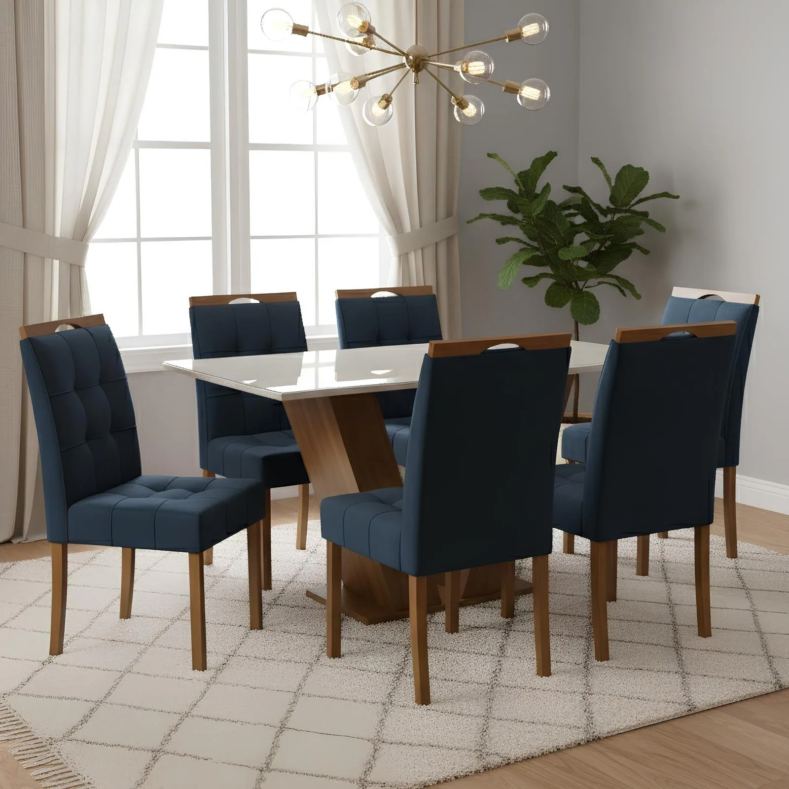 Mesa Classic 160 Cinamomo/Off White com 6 Cadeiras Sophia Veludo Azul – CEL MÓVEIS + WM DECOR