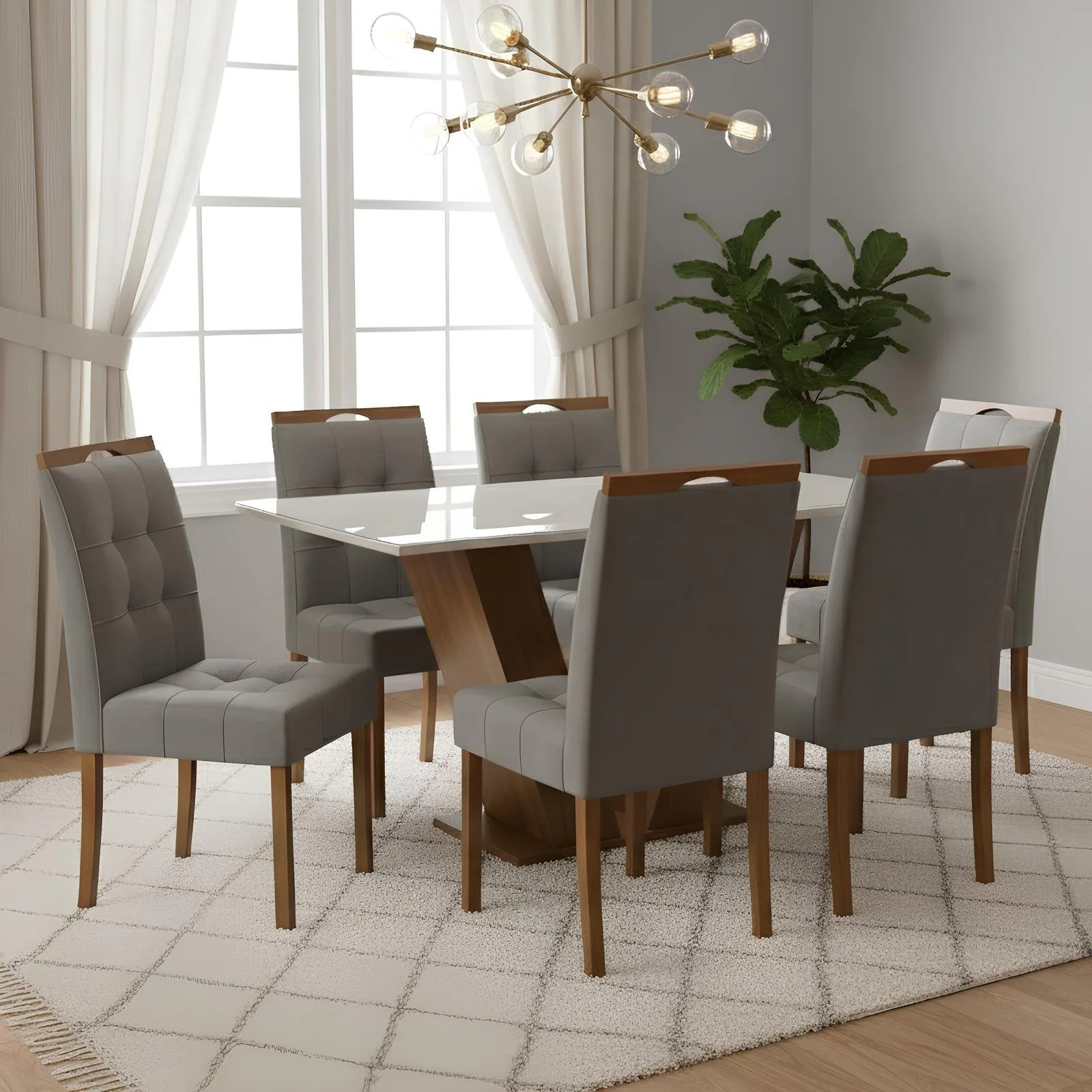 Mesa Classic 160 Cinamomo/Off White com 6 Cadeiras Sophia Linho Cinza Grafite 206 – CEL MÓVEIS + WM DECOR