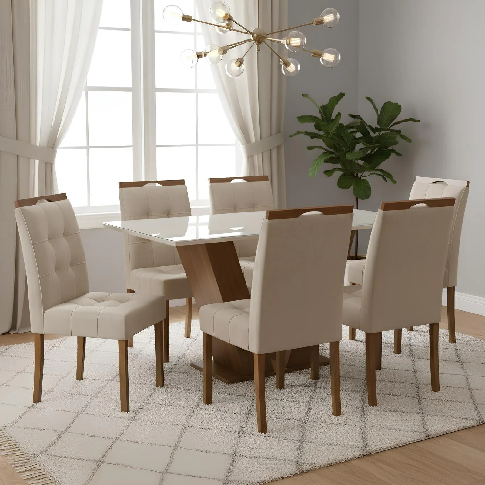 Mesa Classic 160 Cinamomo/Off White com 6 Cadeiras Sophia Linho Bege 200 – CEL MÓVEIS + WM DECOR