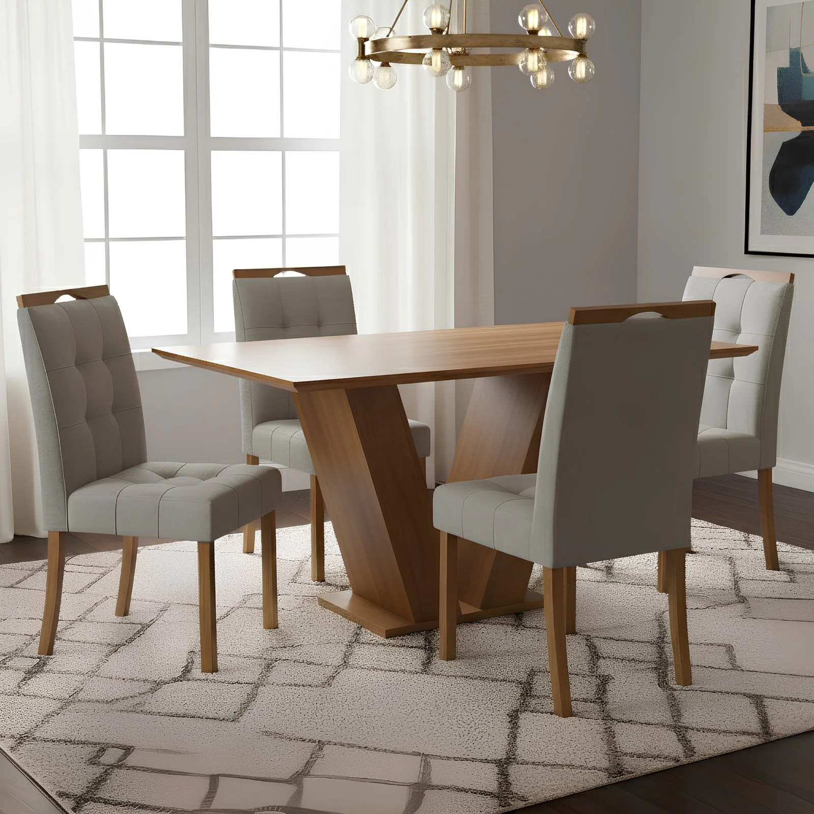 Mesa Classic 120 Cinamomo Laminado com 4 Cadeiras Sophia Veludo Cinza Grafite – CEL MÓVEIS + WM DECOR