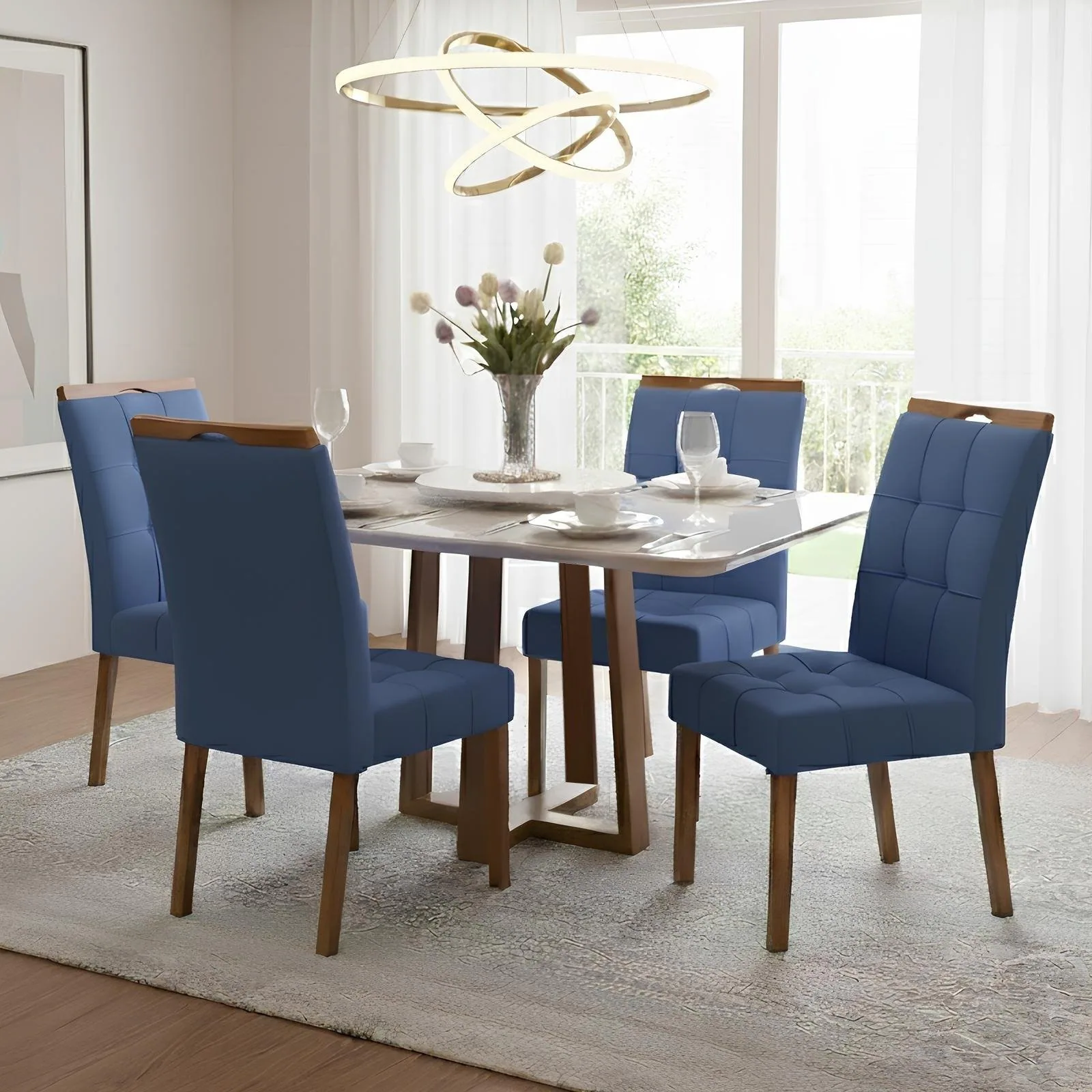 Mesa Pedro 90 Mel/Off White com 4 Cadeiras Sophia Veludo Azul – ART ASSENTOS + WM DECOR