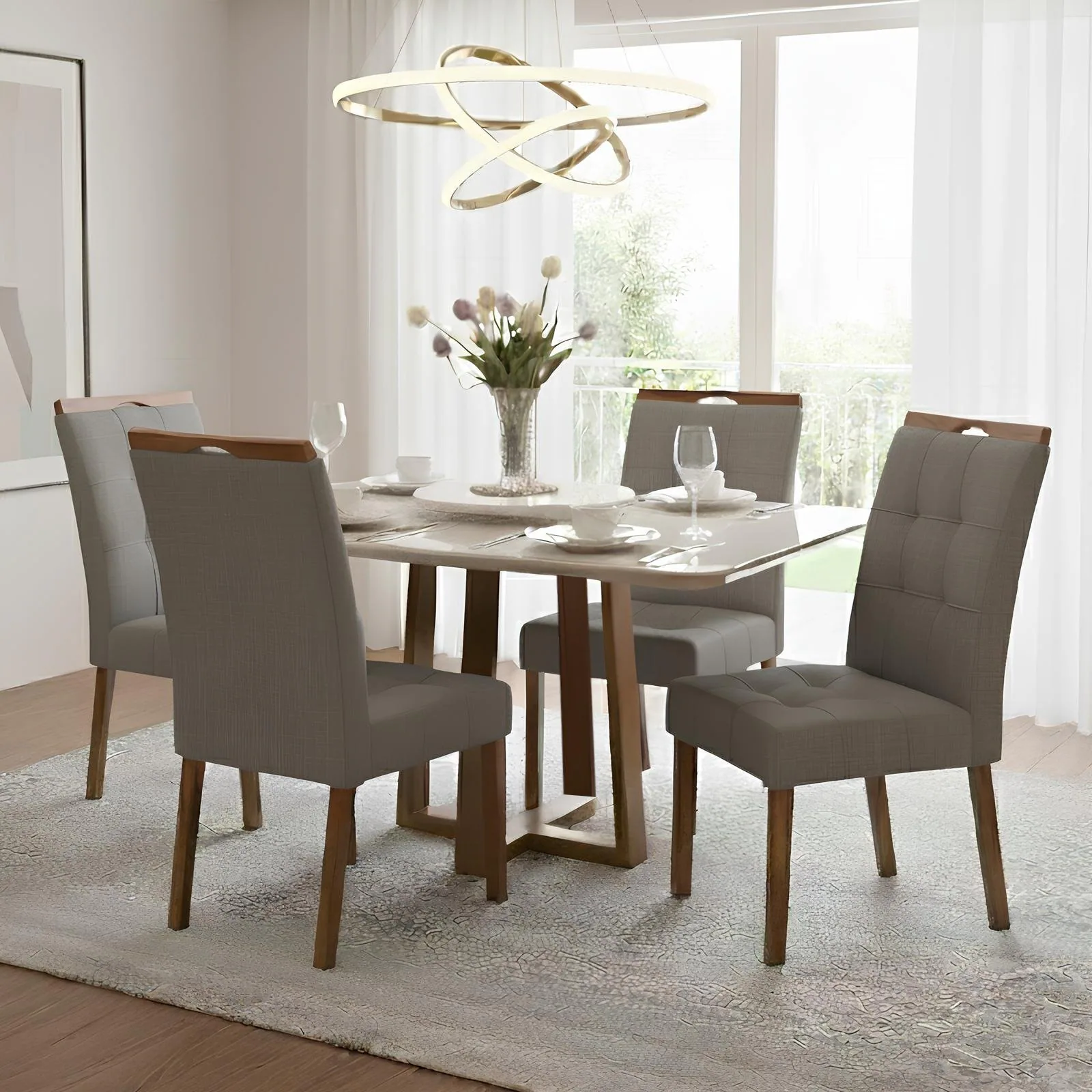 Mesa Pedro 90 Mel/Off White com 4 Cadeiras Sophia Linho Cinza Grafite 206 – ART ASSENTOS + WM DECOR