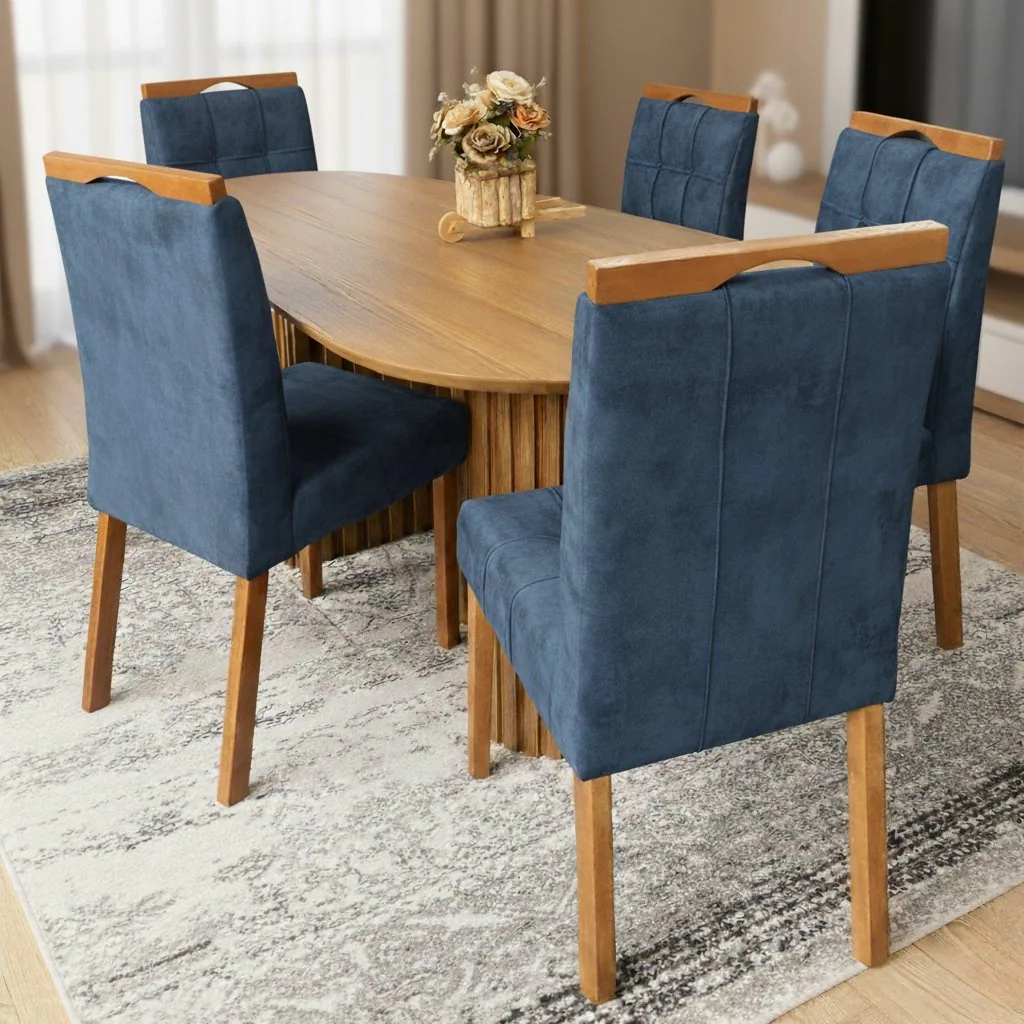 Mesa Isis 180 Freijó com 6 Cadeiras Sophia Veludo Azul – LEIFER + WM DECOR