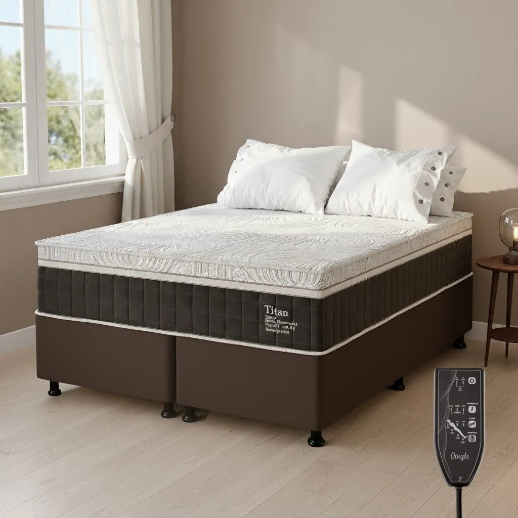 Colchão Queen Massageador Titan/Thor 34 cm D28 Molas Ensacadas + Base Box Simples Corino Marrom – VIERO + BIOSTAR