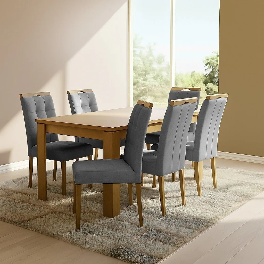 Mesa Athenas 180 Amêndoa Clean com 6 Cadeiras Sophia Linho Cinza Grafite 206 – LOPAS + WM DECOR