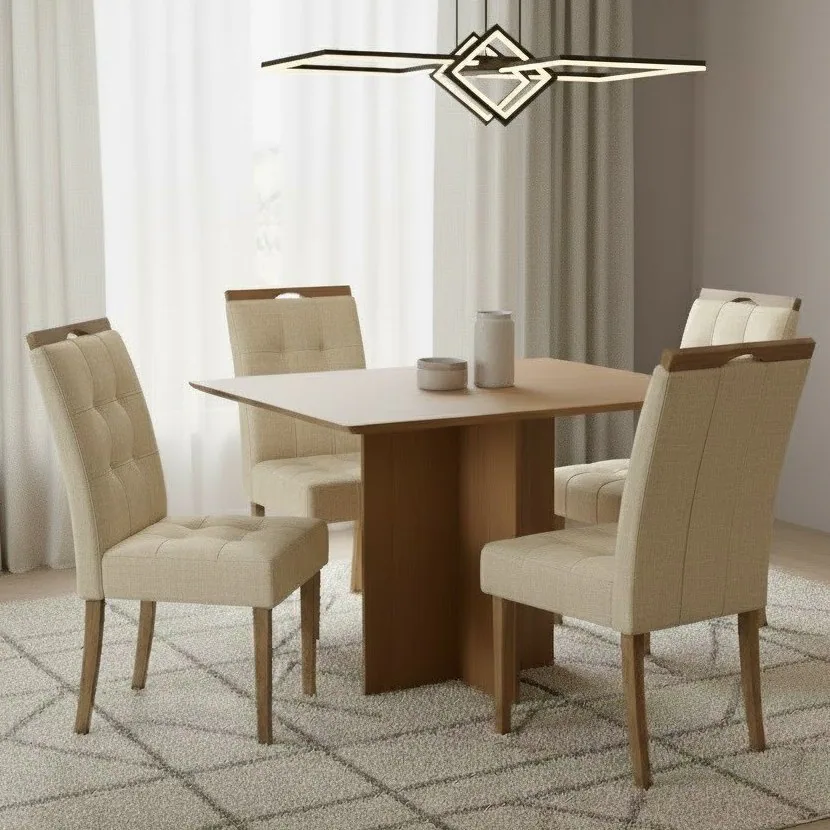 Mesa Pérola 120 Imbuia Mel (Tampo Viena s/vidro) com 4 Cadeiras Sophia Linho Bege 200 – CARVALHO DECOR + WM DECOR