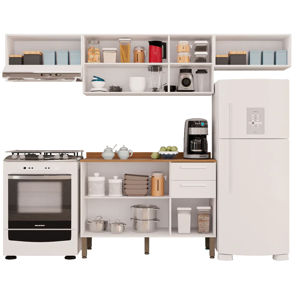 Kit 2 Armário Aéreo Geladeira + 1 Armário Aéreo Triplo + 1 Balcão New Valência Branco – SALLÊTO