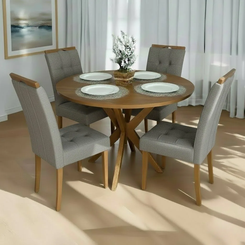Mesa Redonda Simpatia 108 Cinamomo com 4 Cadeiras Sophia Linho Cinza Grafite 206 – JCM MOVELARIA + WM DECOR