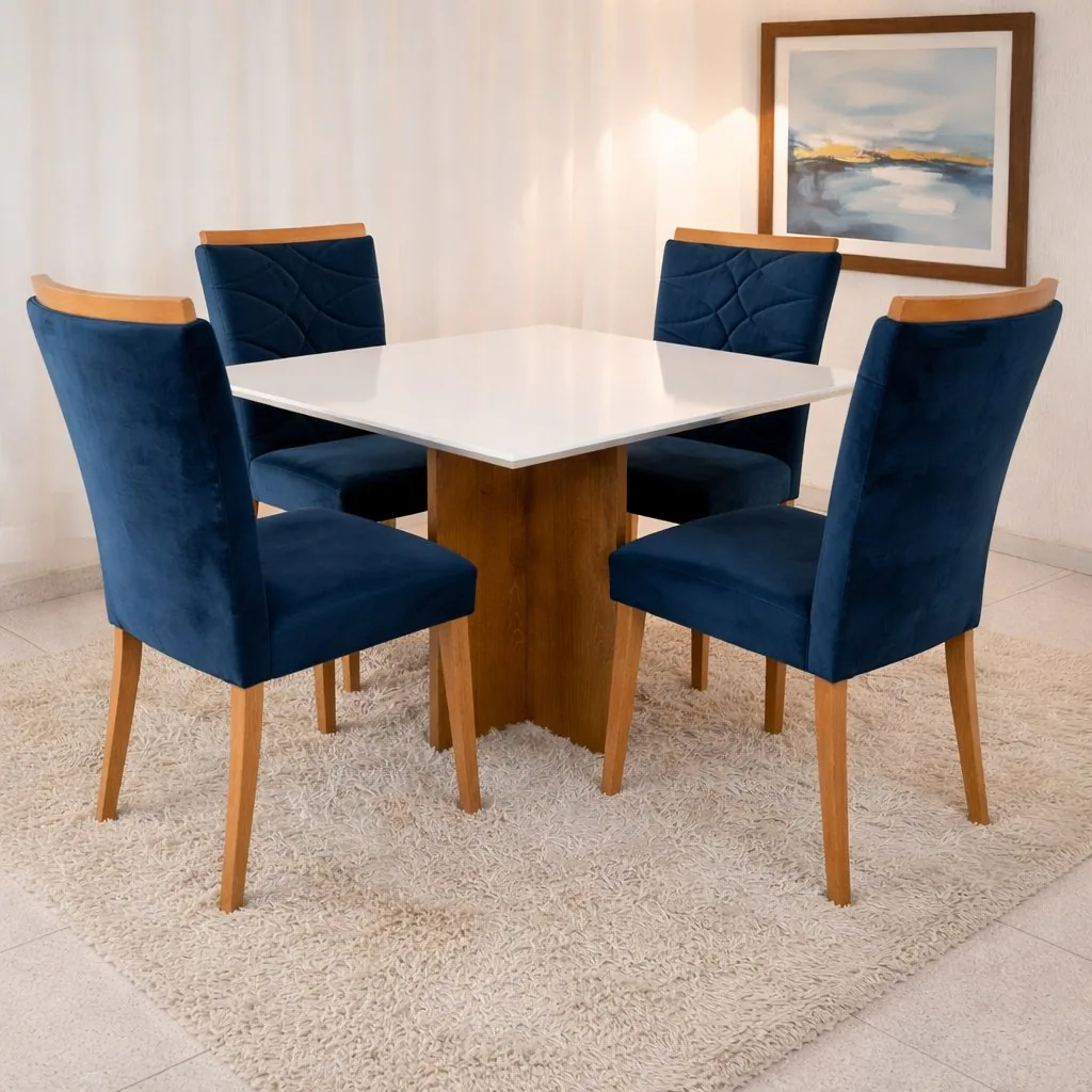 Mesa Salinas/Helô/Los Angeles 120 Cinamomo/Off White com 4 Cadeiras Safira Veludo Azul – CEL MÓVEIS + WM DECOR
