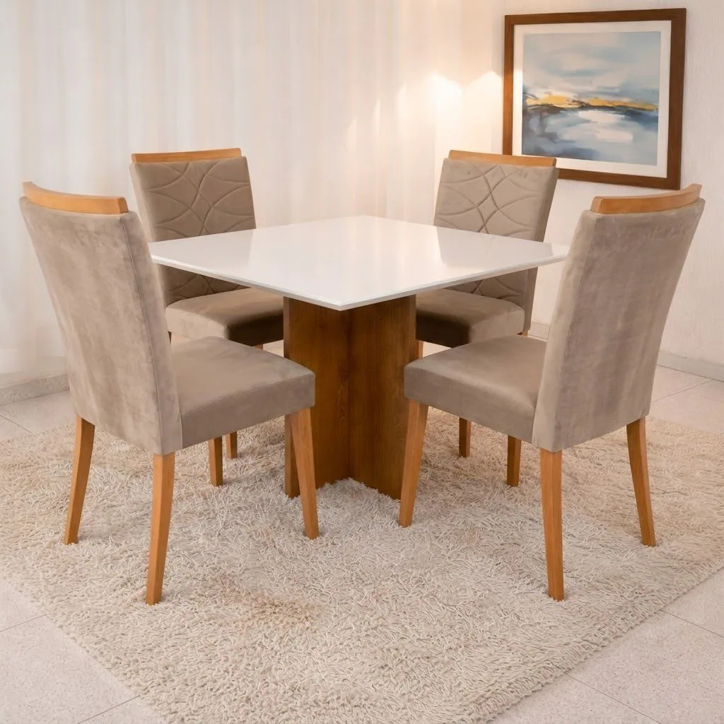 Mesa Salinas/Helô/Los Angeles 120 Cinamomo/Off White com 4 Cadeiras Safira Veludo Bege – CEL MÓVEIS + WM DECOR