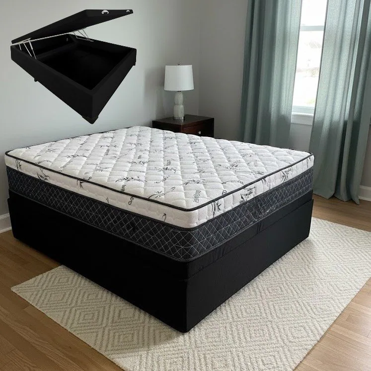 Colchão Casal Prime Light 26 cm D28 Molas Ensacadas + Base Baú Corino Preto – ORTHOPRIME + ALTO NÍVEL