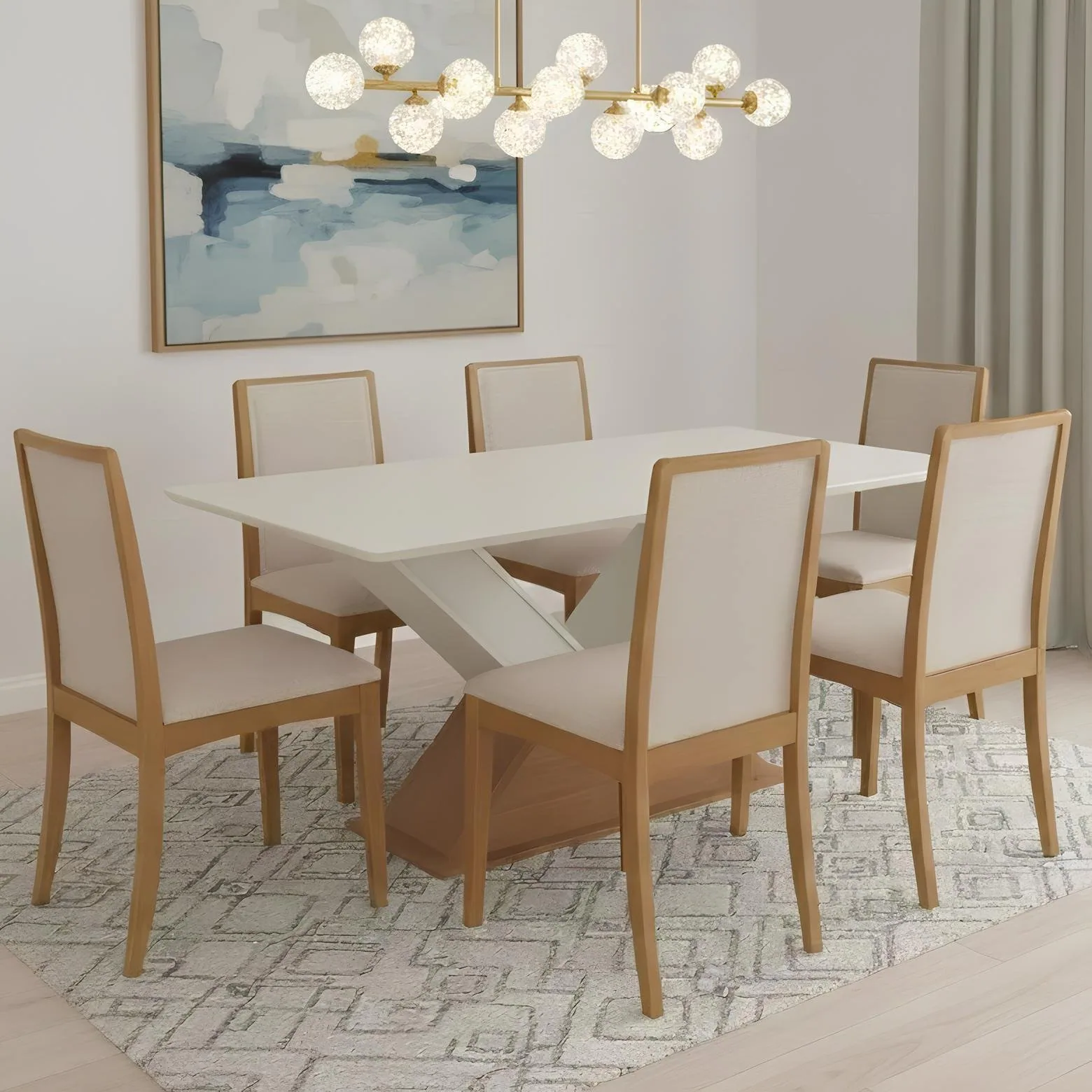 Mesa Amora BA35 160 Canela/Off White com 6 Cadeiras Lara 2CMM007CA Linho Areia – KAPPESBERG