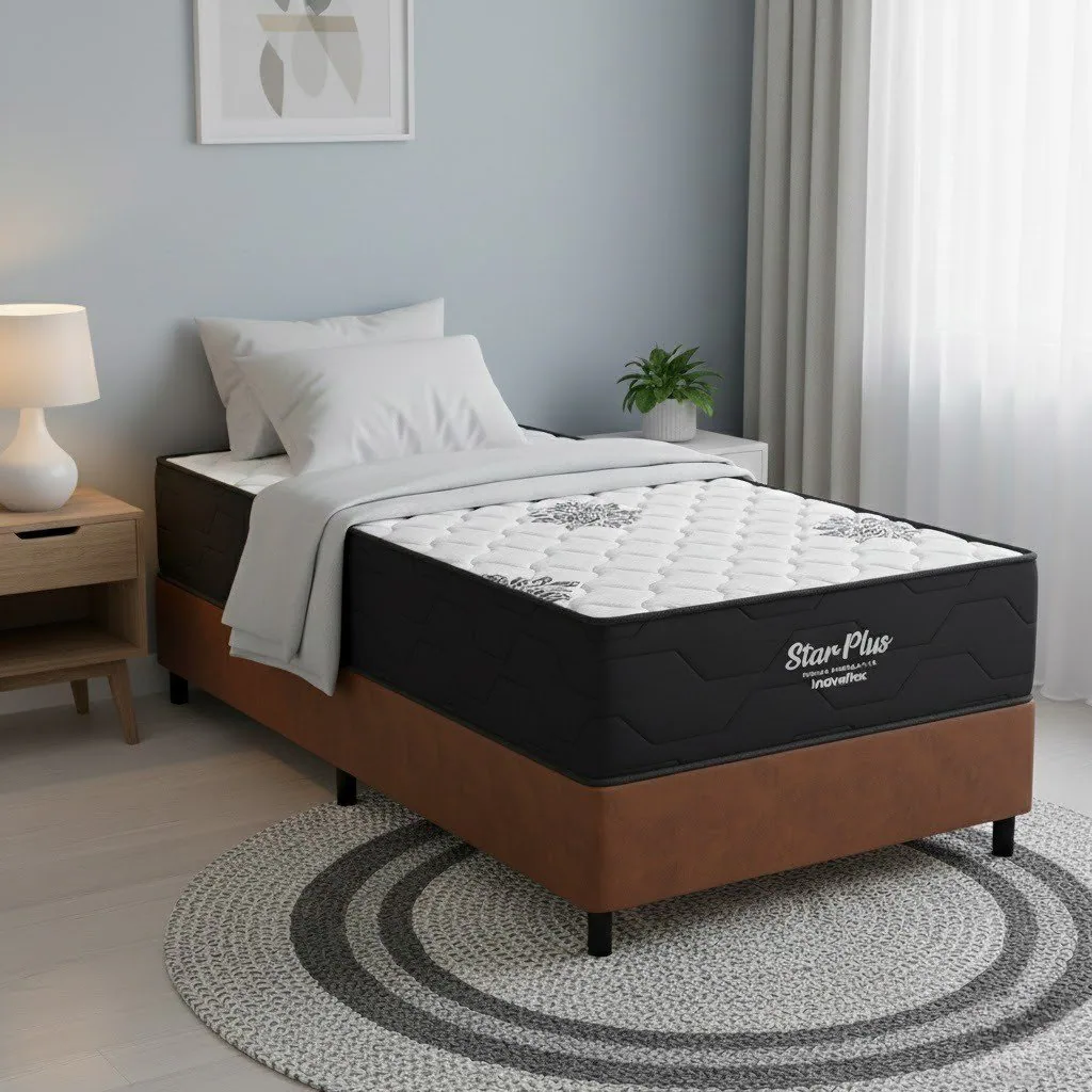Colchão Solteiro Star Plus D26 + Base Box Simples Corino Marrom – INOVAFLEX + BIOSTAR