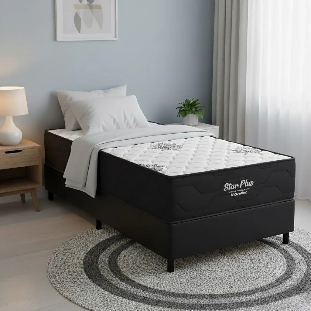 Colchão Solteiro Star Plus D26 + Base Box Simples Corino Preto – INOVAFLEX + BIOSTAR