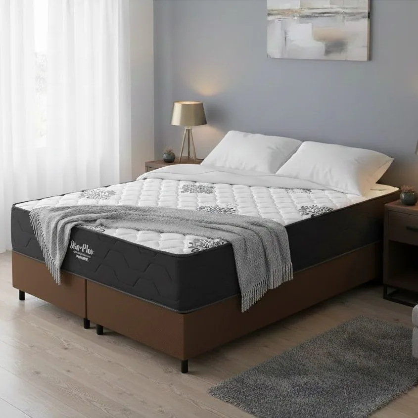 Colchão Queen Star Plus 25 cm D26 Molas Ensacadas + Base Simples Corino Marrom – INOVAFLEX + BIOSTAR