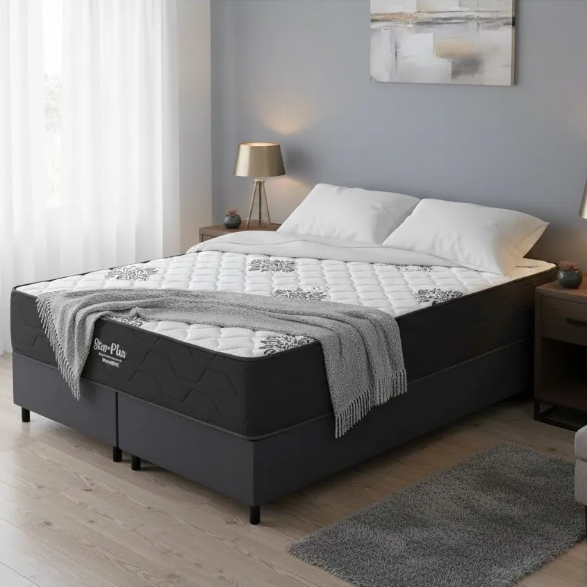 Colchão Queen Star Plus 25 cm D26 Molas Ensacadas + Base Simples Corino Preto – INOVAFLEX + ALTO NÍVEL