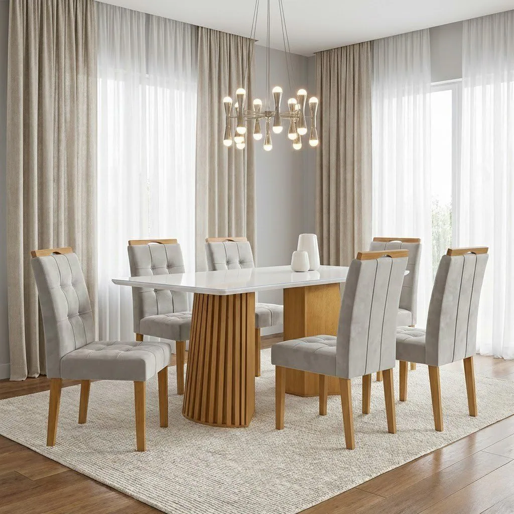 Mesa Nevada 170 (Tampo Smart Plus) Cinamomo/Off White com 6 Cadeiras Sophia Veludo Bege – CEL MÓVEIS + WM DECOR