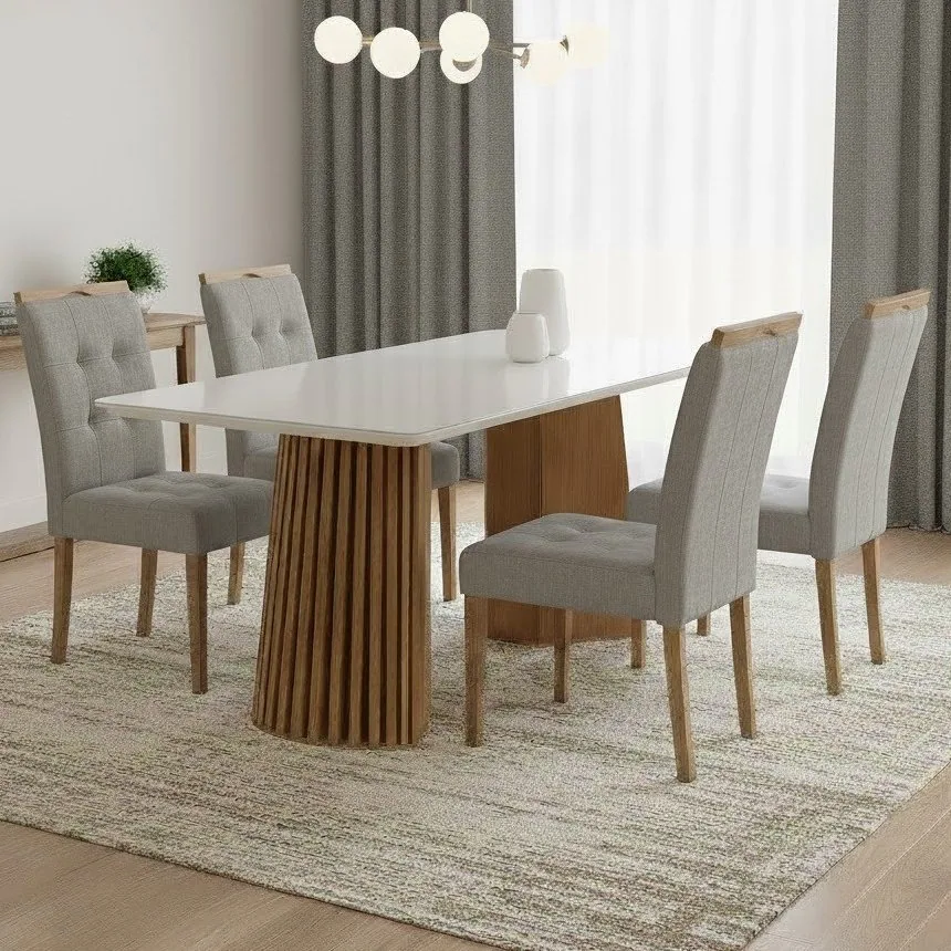 Mesa Nevada 120 (Tampo Smart Plus) Cinamomo/Off White com 4 Cadeiras Sophia Linho Cinza Grafite 206 – CEL MÓVEIS + WM DE