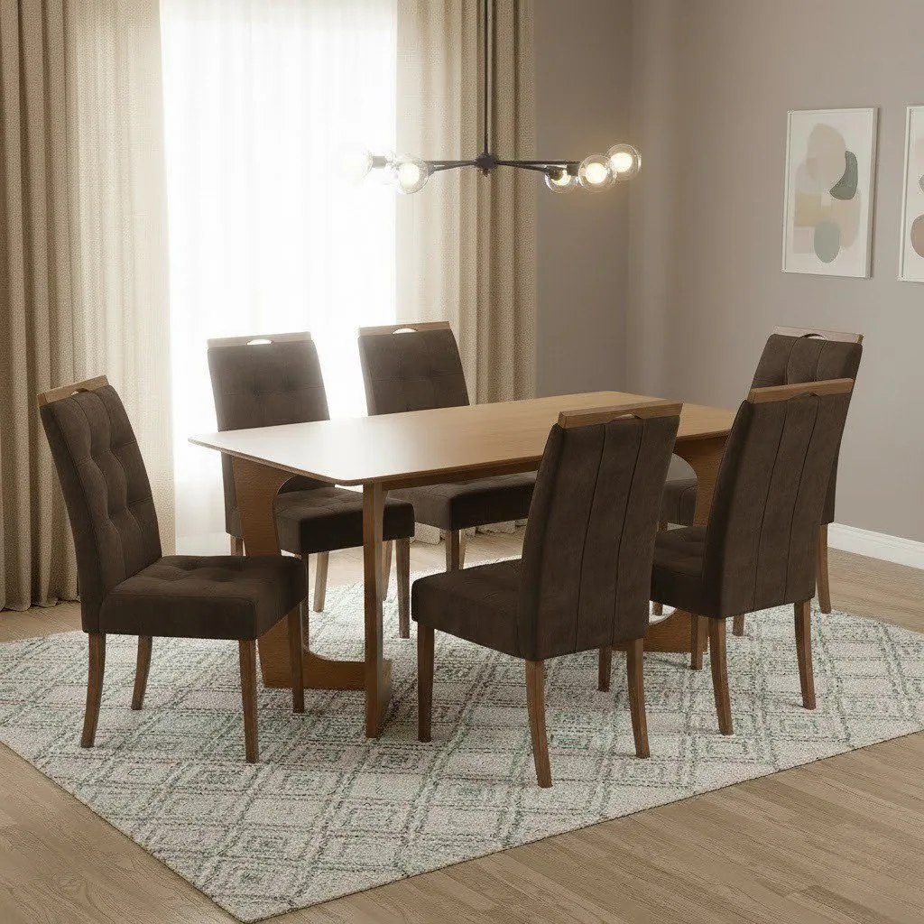 Mesa Dubai 160 (Tampo Londres s/vidro) Cinamomo com 6 Cadeiras Sophia Veludo Marrom – CEL MÓVEIS + WM DECOR