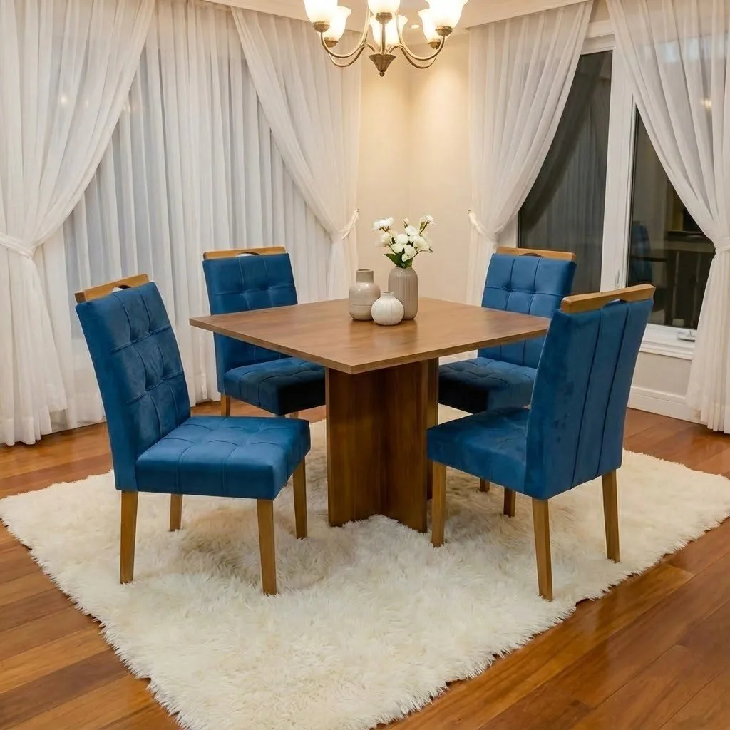 Mesa Salinas 120 (Tampo Londres s/ vidro) Cinamomo com 4 Cadeiras Sophia Veludo Azul – CEL MÓVEIS + WM DECOR