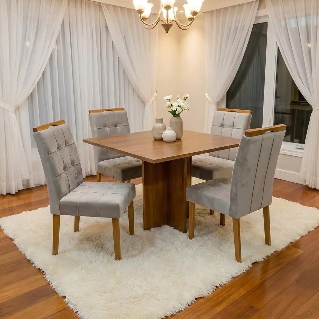 Mesa Salinas 120 (Tampo Londres s/ vidro) Cinamomo com 4 Cadeiras Sophia Veludo Bege – CEL MÓVEIS + WM DECOR
