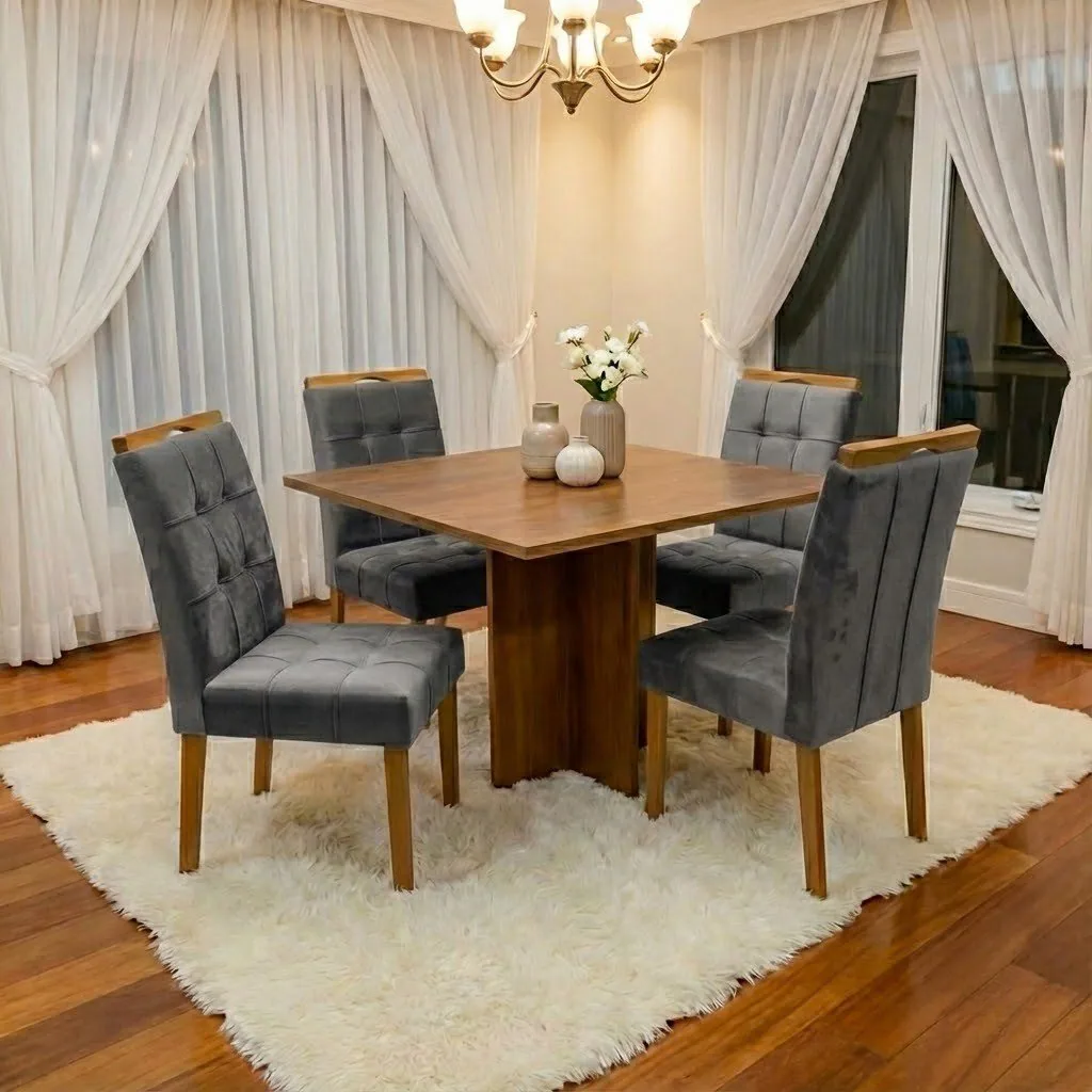 Mesa Salinas 120 (Tampo Londres s/ vidro) Cinamomo com 4 Cadeiras Sophia Veludo Cinza Grafite – CEL MÓVEIS + WM DECOR