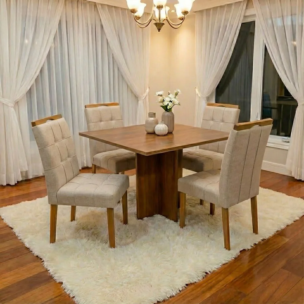 Mesa Salinas 120 (Tampo Londres s/ vidro) Cinamomo com 4 Cadeiras Sophia Linho Bege 200 – CEL MÓVEIS + WM DECOR