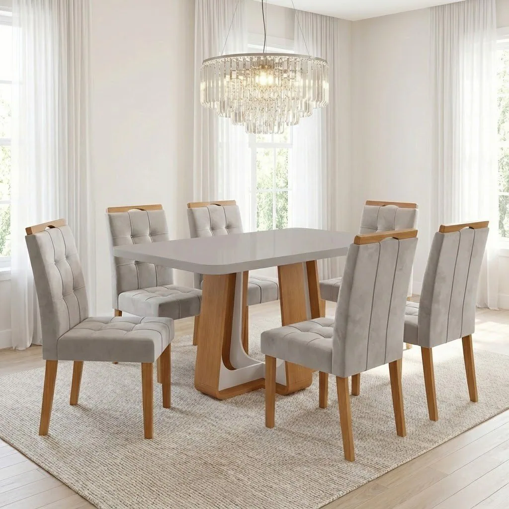 Mesa Sintonia (Tampo Maxi) 170 Amêndoa Clean/Off White com 6 Cadeiras Sophia Veludo Bege – LOPAS + WM DECOR