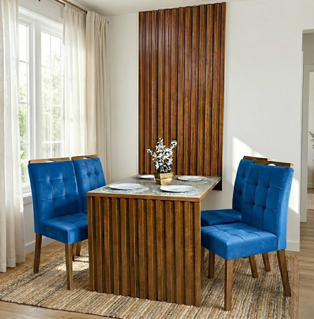 Mesa Cancun 120 Cinamomo/Off White com 4 Cadeiras Sophia Veludo Azul – CEL MÓVEIS + WM DECOR