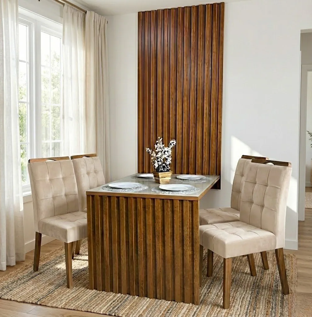 Mesa Cancun 120 Cinamomo/Off White com 4 Cadeiras Sophia Veludo Bege – CEL MÓVEIS + WM DECOR